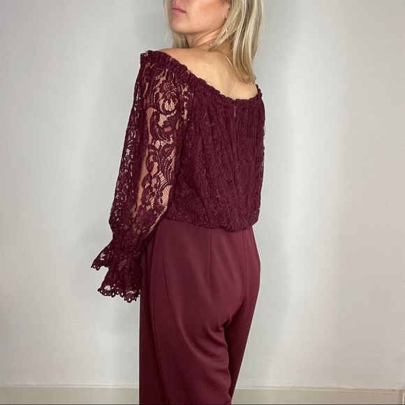 Adrianna Papell Burgundy Lace Long Sleeve Jumpsuit - Picture 3 of 13